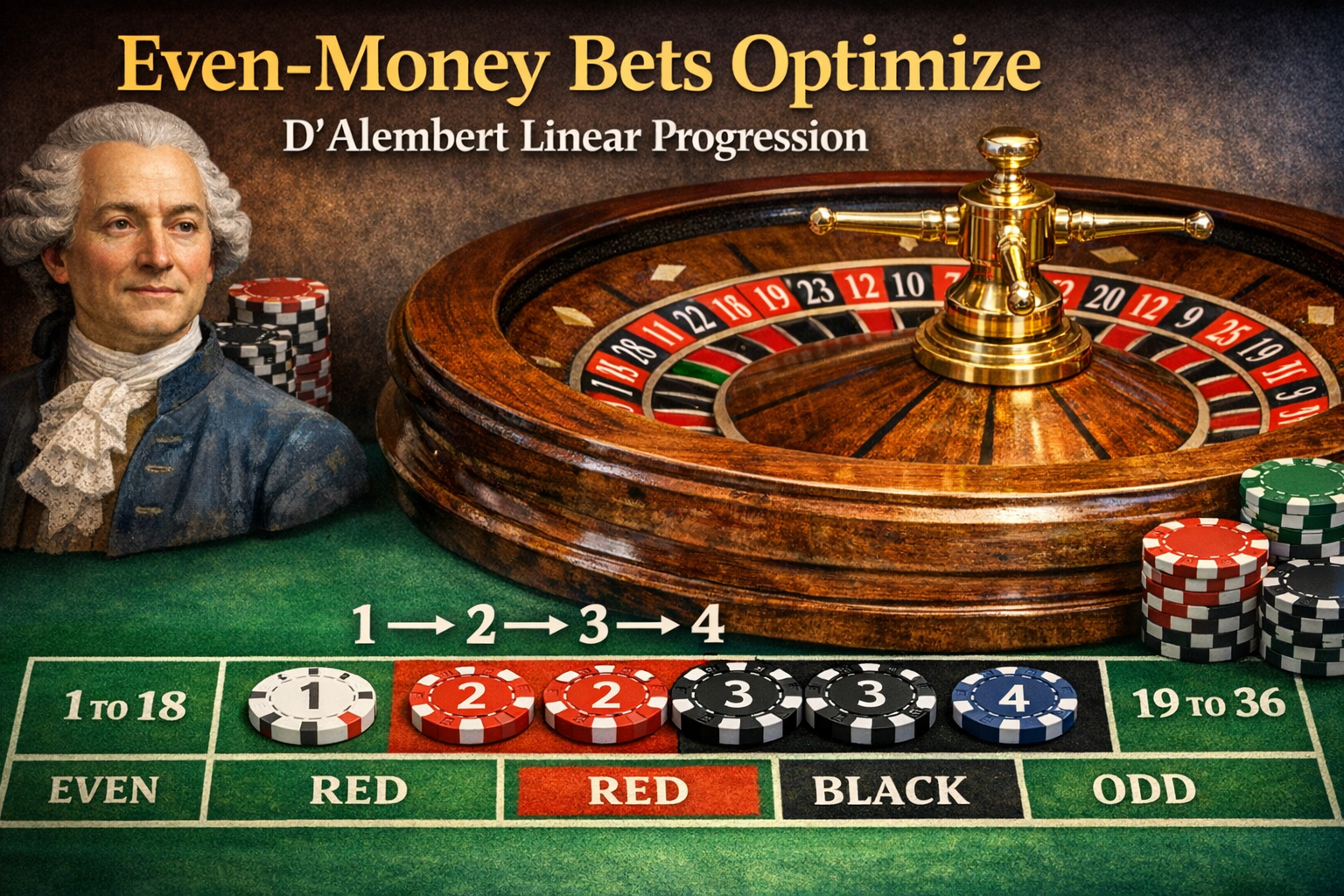 D'Alembert strategy on European roulette wheel. Even-money bets illustration.