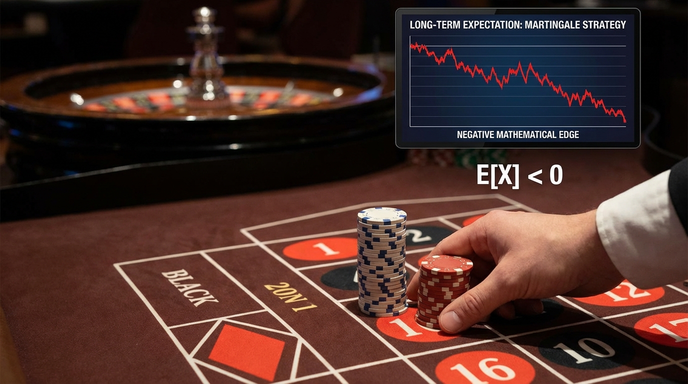 Roulette table illustrating how mathematical expectation defeats Martingale in casino games.