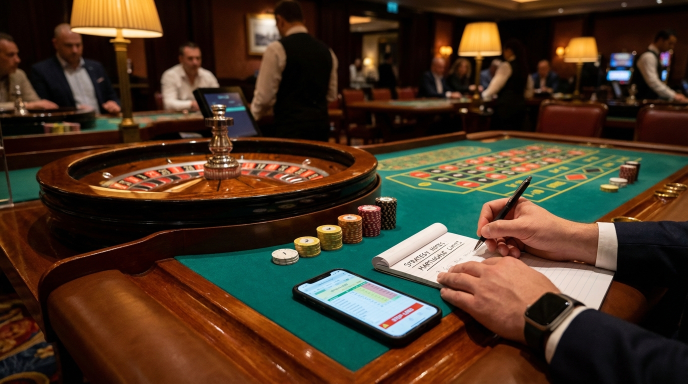 Roulette wheel & chips: Avoid the Martingale system. Casino strategy risk.