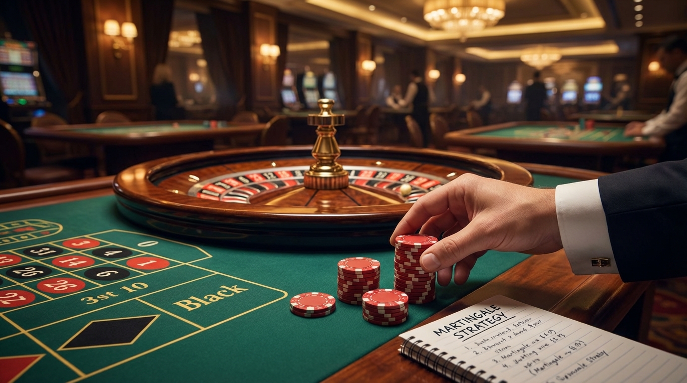 Martingale roulette strategy: doubling down on losses. Casino betting system.
