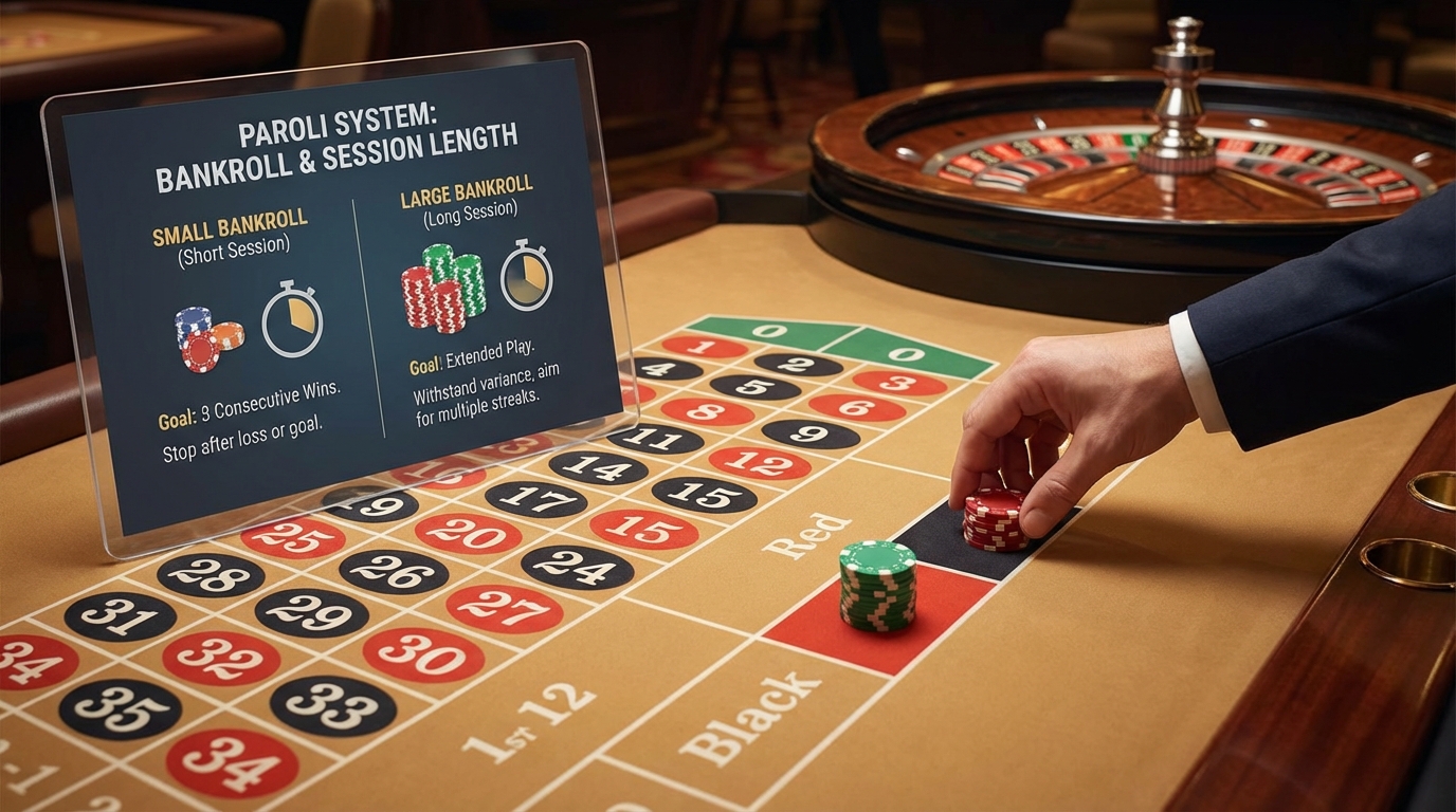 Paroli system session length based on bankroll. Roulette wheel, European roulette.