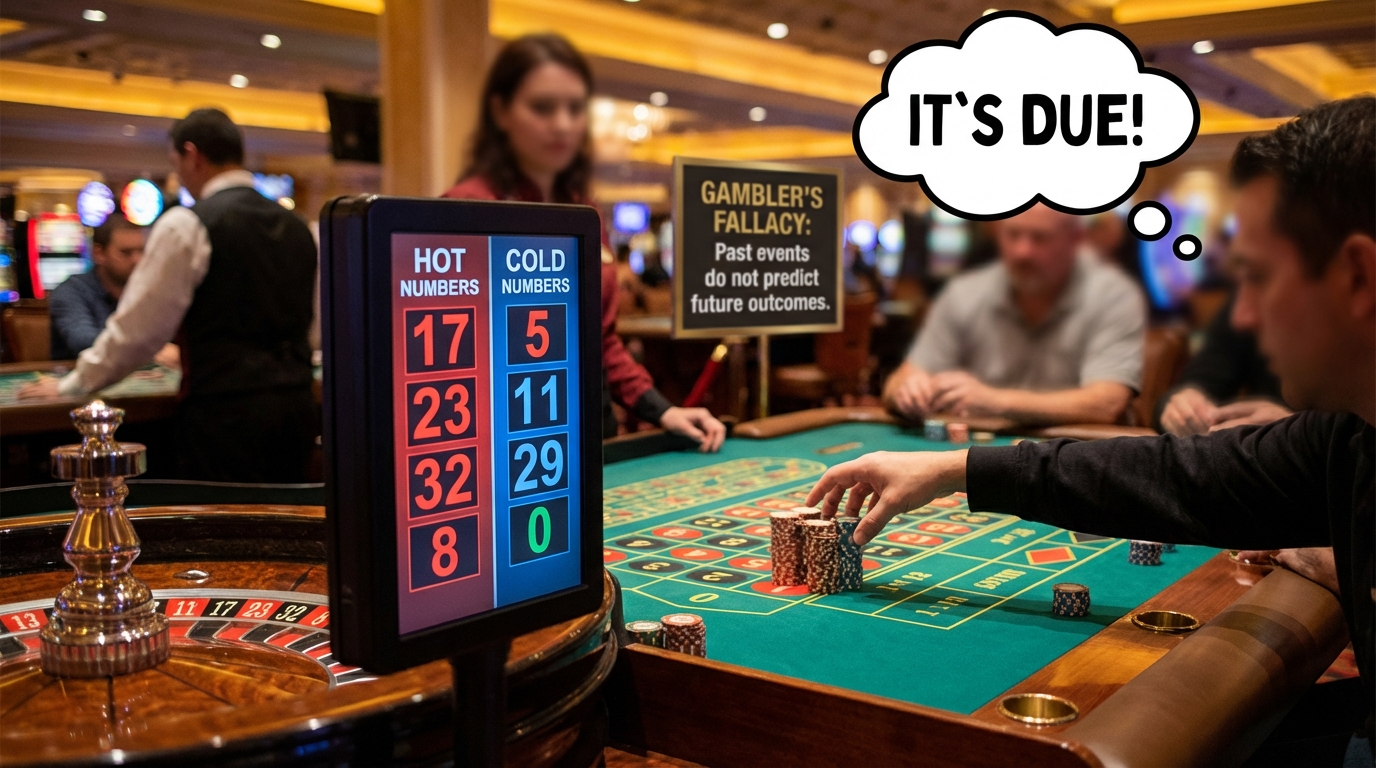 Gambler's Fallacy explained: Hot & cold numbers illusion. Martingale, Fibonacci, D'Alembert strategy risk.