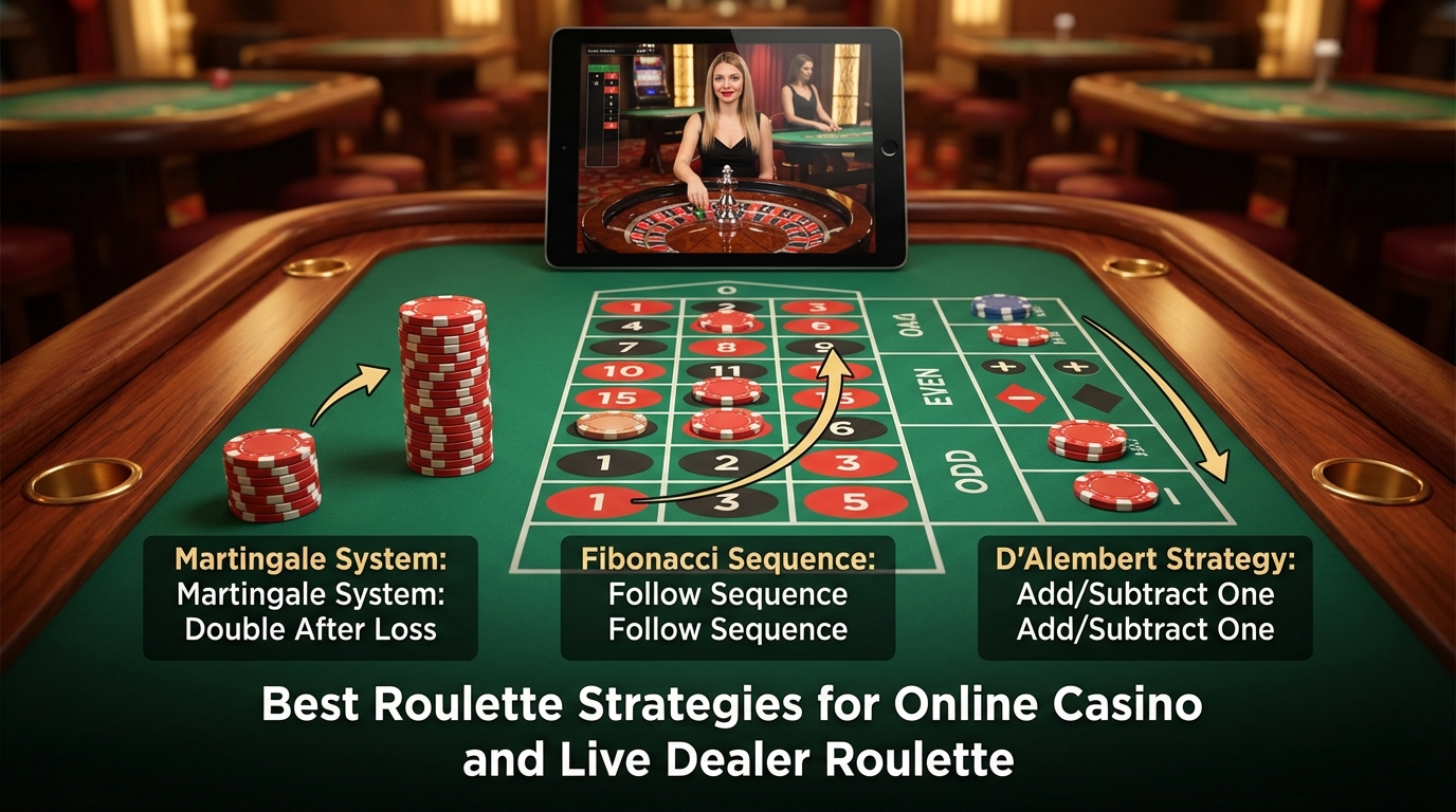 Roulette strategies: Martingale, Fibonacci, D'Alembert for online casino & live dealer.